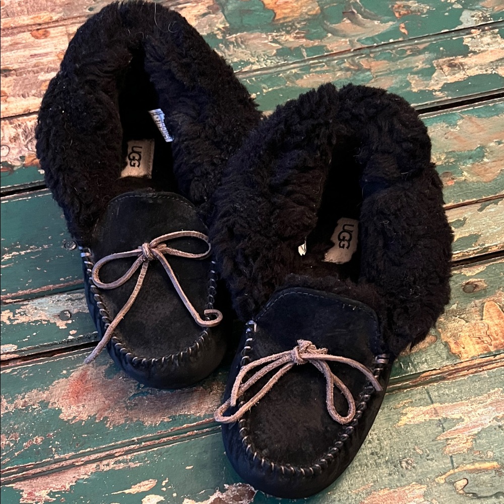 UGG Black Fuzzy Moccasin Slippers